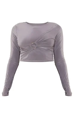 Clearance PrettyLittleThing Petite Long Sleeve Slinky Crop Top Charcoal