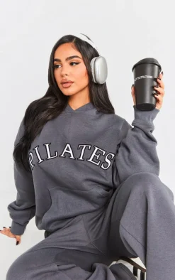 Discount PrettyLittleThing Petite Pilates Graphic Hoodie Charcoal
