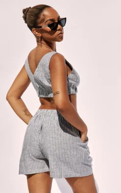 Sale PrettyLittleThing Petite Pinstripe Linen Look Bralet Charcoal