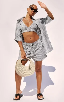 Sale PrettyLittleThing Petite Pinstripe Linen Look Bralet Charcoal