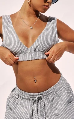 Sale PrettyLittleThing Petite Pinstripe Linen Look Bralet Charcoal