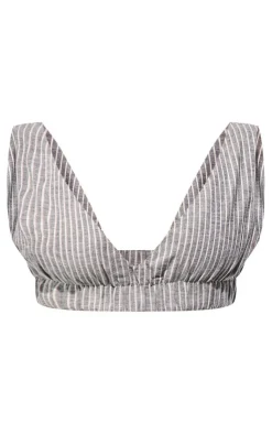 Sale PrettyLittleThing Petite Pinstripe Linen Look Bralet Charcoal
