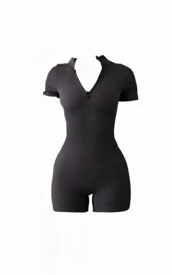 PrettyLittleThing Unitards*Petite Snatched Rib Zip Front Unitard