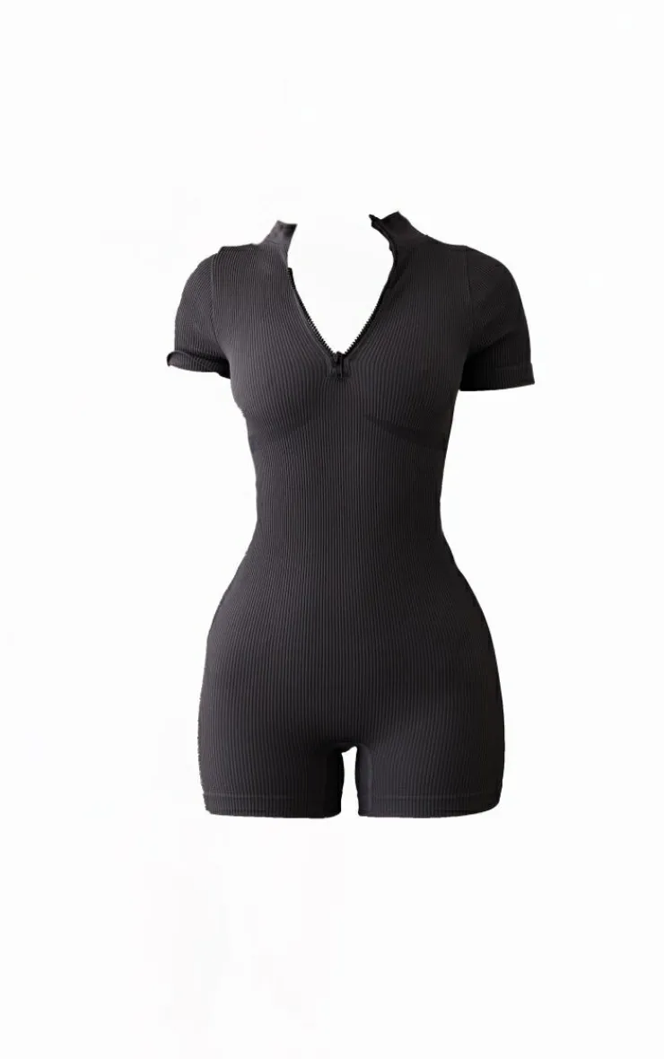 PrettyLittleThing Unitards*Petite Snatched Rib Zip Front Unitard