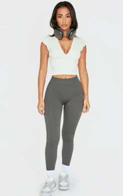 Online PrettyLittleThing Petite Snatched Rib Seamless Leggings Charcoal