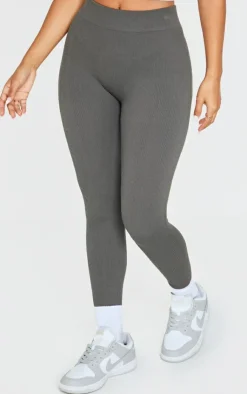 Online PrettyLittleThing Petite Snatched Rib Seamless Leggings Charcoal