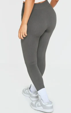 Online PrettyLittleThing Petite Snatched Rib Seamless Leggings Charcoal
