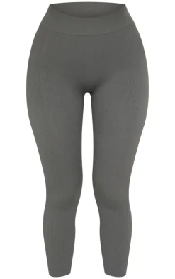 Online PrettyLittleThing Petite Snatched Rib Seamless Leggings Charcoal