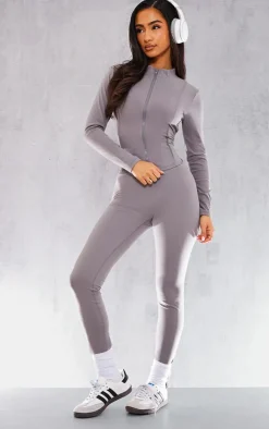 Hot PrettyLittleThing Petite Snatched Sculpt Seam Detail Zip Up Top Charcoal
