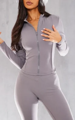 Hot PrettyLittleThing Petite Snatched Sculpt Seam Detail Zip Up Top Charcoal