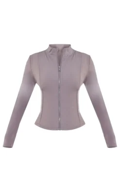 Hot PrettyLittleThing Petite Snatched Sculpt Seam Detail Zip Up Top Charcoal