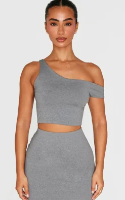 Sale PrettyLittleThing Petite Soft Touch Asymmetric Crop Top Charcoal