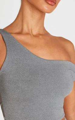 Sale PrettyLittleThing Petite Soft Touch Asymmetric Crop Top Charcoal