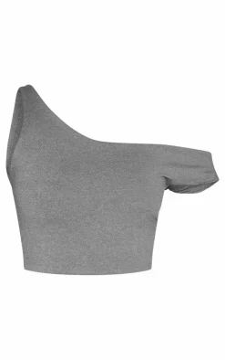 Sale PrettyLittleThing Petite Soft Touch Asymmetric Crop Top Charcoal