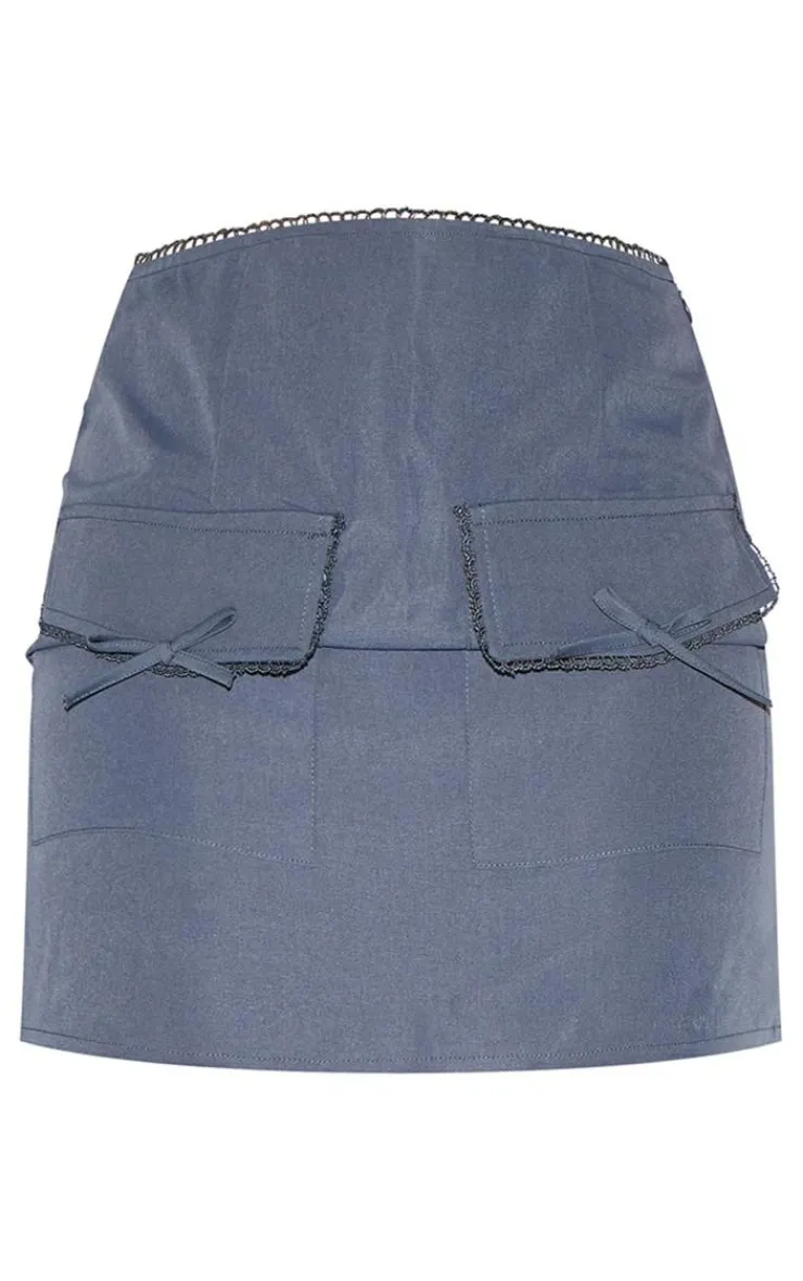 Clearance PrettyLittleThing Petite Strappy Woven Mini Skirt Bow Details Charcoal