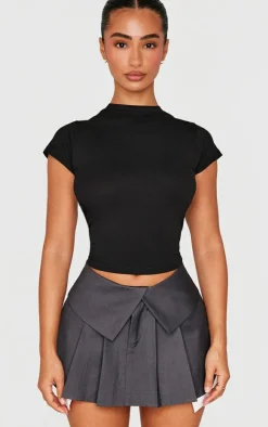 Petite Charcoal Tailored Woven Foldover Detail Mini Skirt