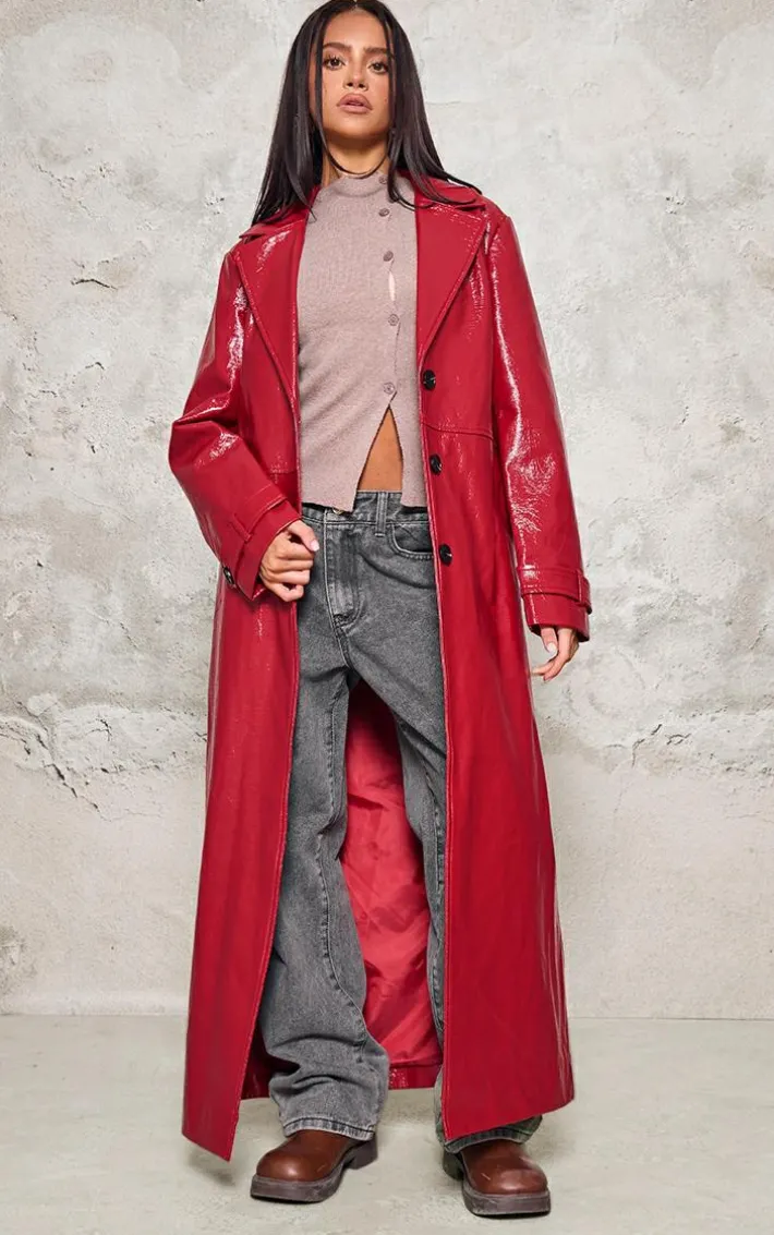 Petite Cherry Red High Shine Textured Faux Leather Maxi Coat