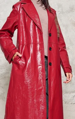 Petite Cherry Red High Shine Textured Faux Leather Maxi Coat