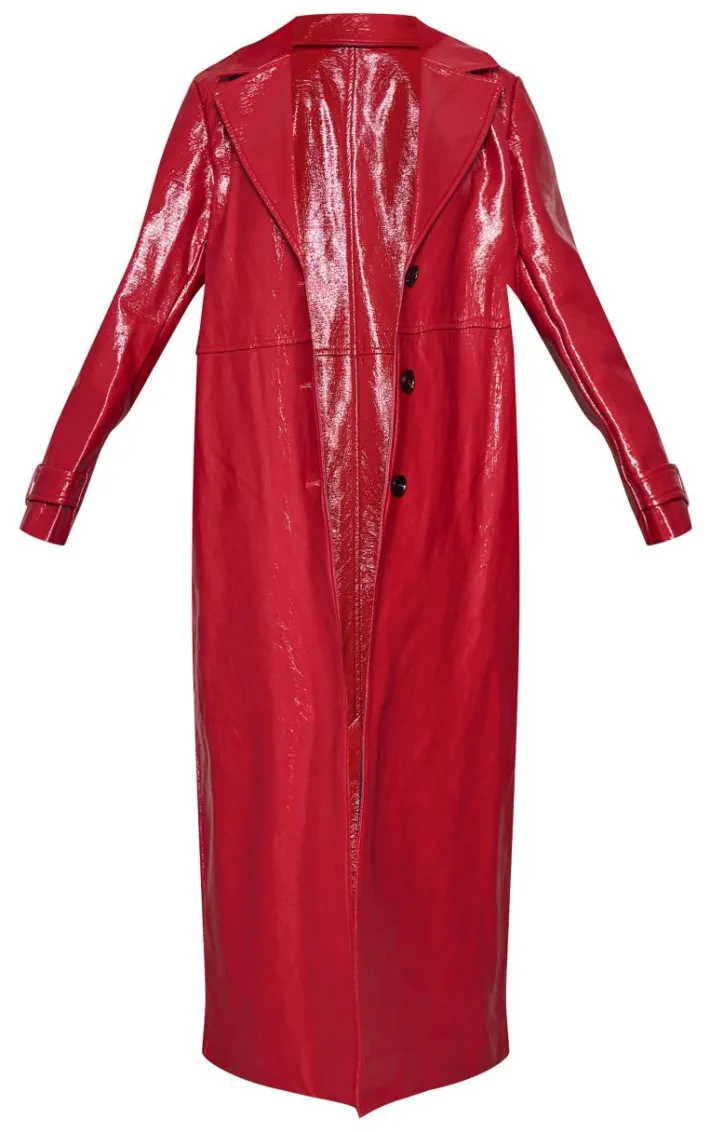 Petite Cherry Red High Shine Textured Faux Leather Maxi Coat