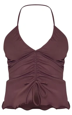 Outlet PrettyLittleThing Petite Bandeau Ruched Detail Matte Slinky Crop Top Chocolate