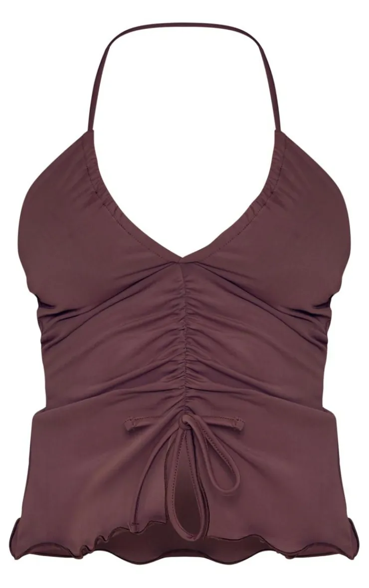 Outlet PrettyLittleThing Petite Bandeau Ruched Detail Matte Slinky Crop Top Chocolate