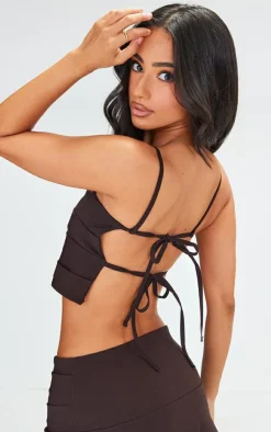 Online PrettyLittleThing Petite Bengaline Fold Detail Open Back Crop Top Chocolate