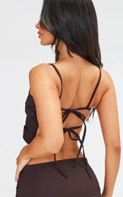Online PrettyLittleThing Petite Bengaline Fold Detail Open Back Crop Top Chocolate