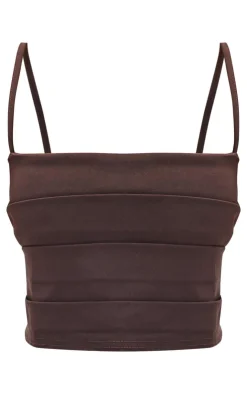 Online PrettyLittleThing Petite Bengaline Fold Detail Open Back Crop Top Chocolate