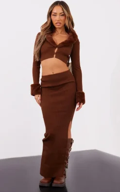 PrettyLittleThing Petite Knitted Midaxi Skirt Chocolate Brown