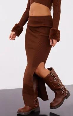 PrettyLittleThing Petite Knitted Midaxi Skirt Chocolate Brown