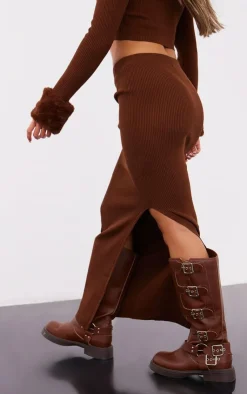 PrettyLittleThing Petite Knitted Midaxi Skirt Chocolate Brown