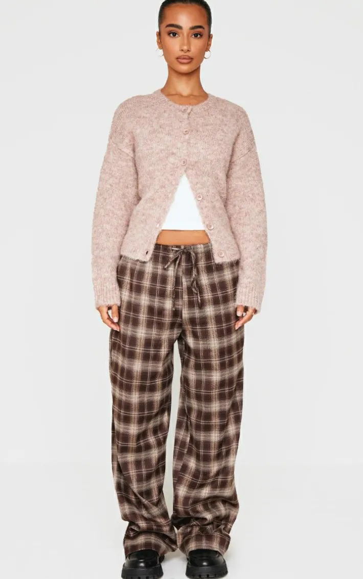 Petite Chocolate Checked Woven Drawstring Waist Low Rise Pants