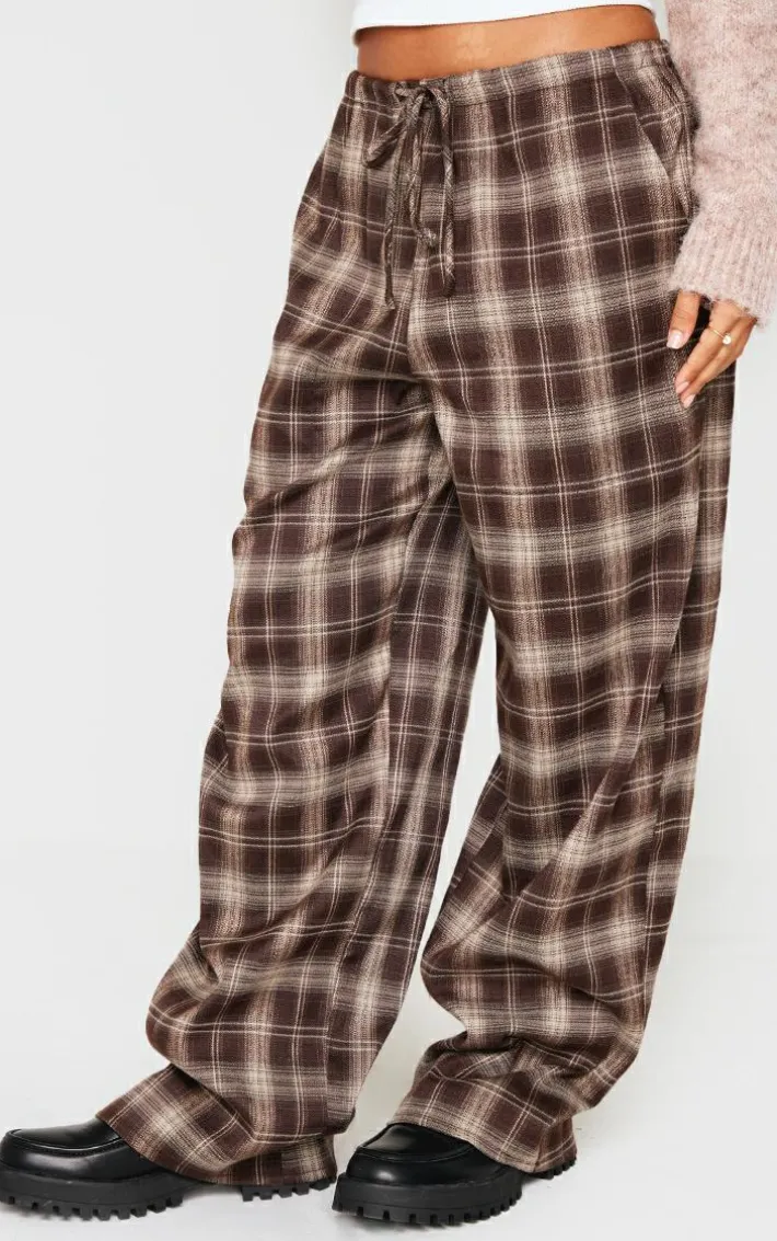 Petite Chocolate Checked Woven Drawstring Waist Low Rise Pants