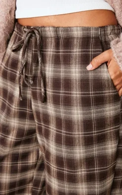 Petite Chocolate Checked Woven Drawstring Waist Low Rise Pants