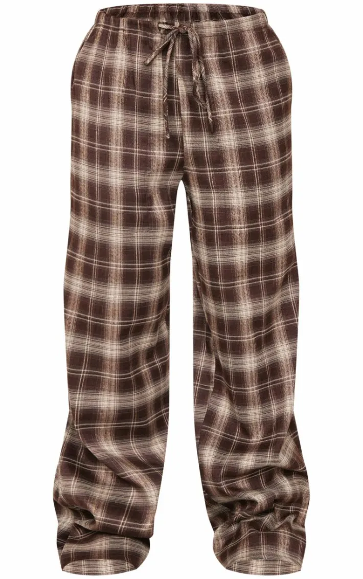 Petite Chocolate Checked Woven Drawstring Waist Low Rise Pants