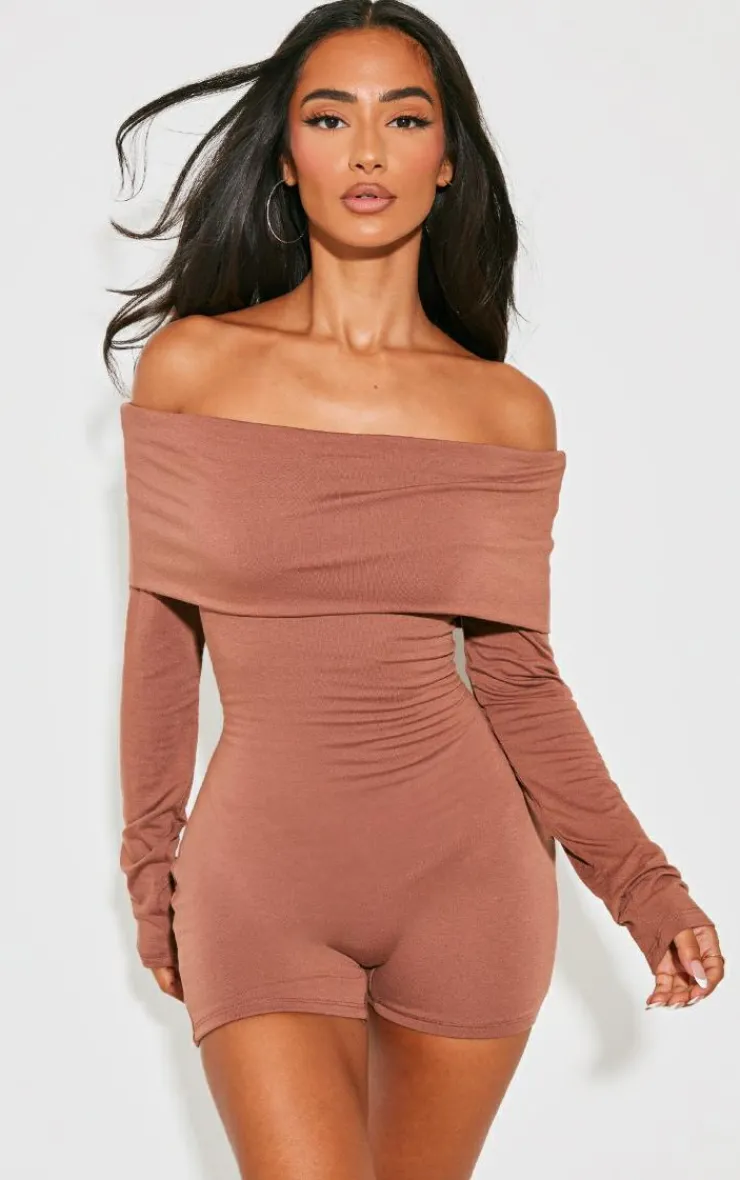 PrettyLittleThing Snatched*Petite Contour Jersey Foldover Bardot Romper