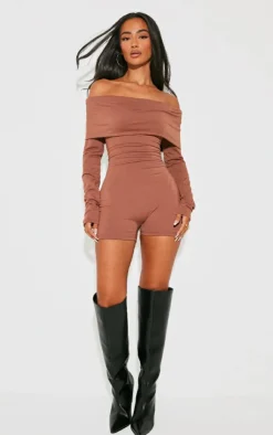 PrettyLittleThing Snatched*Petite Contour Jersey Foldover Bardot Romper