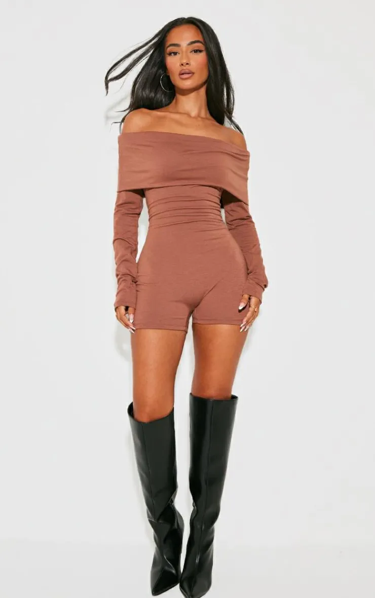 PrettyLittleThing Snatched*Petite Contour Jersey Foldover Bardot Romper