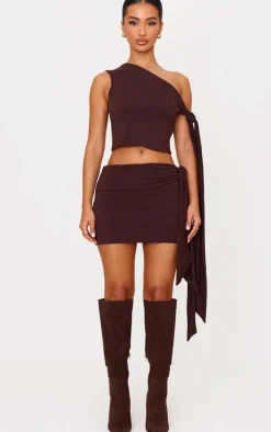 Clearance PrettyLittleThing Petite Contour Jersey Tie Detail Foldover Mini Skirt Chocolate