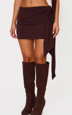 Clearance PrettyLittleThing Petite Contour Jersey Tie Detail Foldover Mini Skirt Chocolate