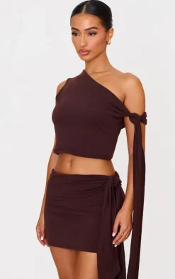 Clearance PrettyLittleThing Petite Contour Jersey Tie Detail Foldover Mini Skirt Chocolate