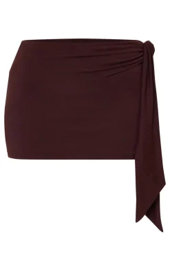 Clearance PrettyLittleThing Petite Contour Jersey Tie Detail Foldover Mini Skirt Chocolate