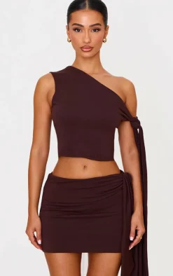 New PrettyLittleThing Petite Contour Jersey Tie Detail Crop Top Chocolate