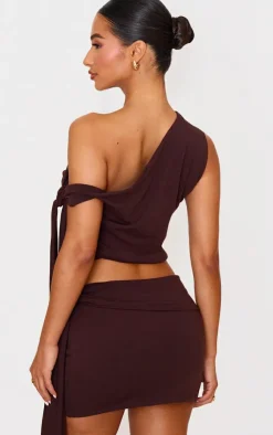 New PrettyLittleThing Petite Contour Jersey Tie Detail Crop Top Chocolate