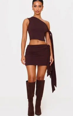 New PrettyLittleThing Petite Contour Jersey Tie Detail Crop Top Chocolate