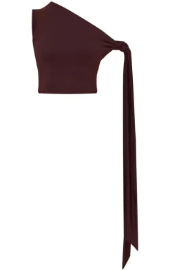 New PrettyLittleThing Petite Contour Jersey Tie Detail Crop Top Chocolate