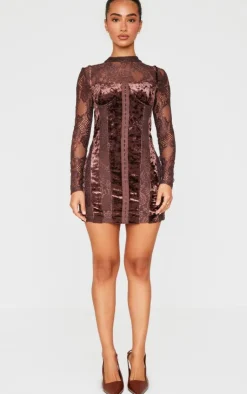 Petite Crushed Velvet Long Sleeve Lace Detail Mini Dress-PrettyLittleThing Online