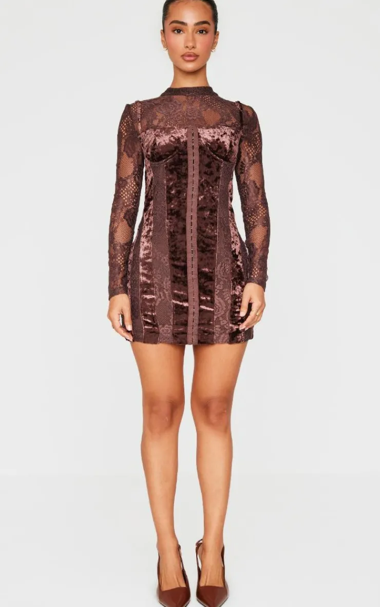 Petite Crushed Velvet Long Sleeve Lace Detail Mini Dress-PrettyLittleThing Online