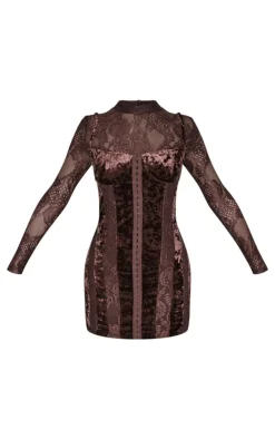 Petite Crushed Velvet Long Sleeve Lace Detail Mini Dress-PrettyLittleThing Online