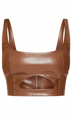 Online PrettyLittleThing Petite Cut Out Front Faux Leather Crop Top Chocolate